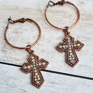 Copper cross dangling cross hoop earrings